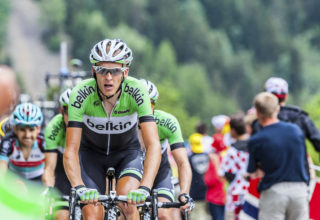 Alpe-D'Huez,France- July 18, 2013: The Dutch cyclist Robert Gesink from Belkin Pro Cycling Team climbing the difficult road to Alpe-D'Huez, during the stage 18 of the edition 100 of Le Tour de France 2013.