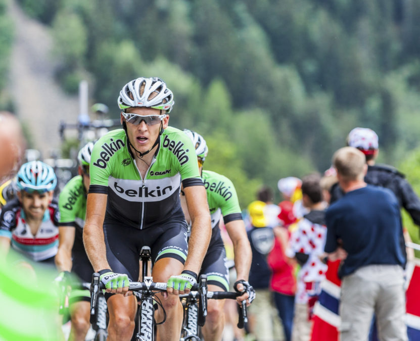 Alpe-D'Huez,France- July 18, 2013: The Dutch cyclist Robert Gesink from Belkin Pro Cycling Team climbing the difficult road to Alpe-D'Huez, during the stage 18 of the edition 100 of Le Tour de France 2013.