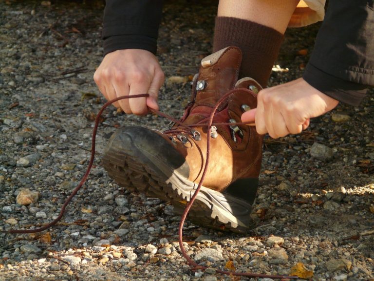 tying hiking boots